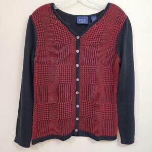 Crazy horse red & black open knit long sleeve button front cardigan size small